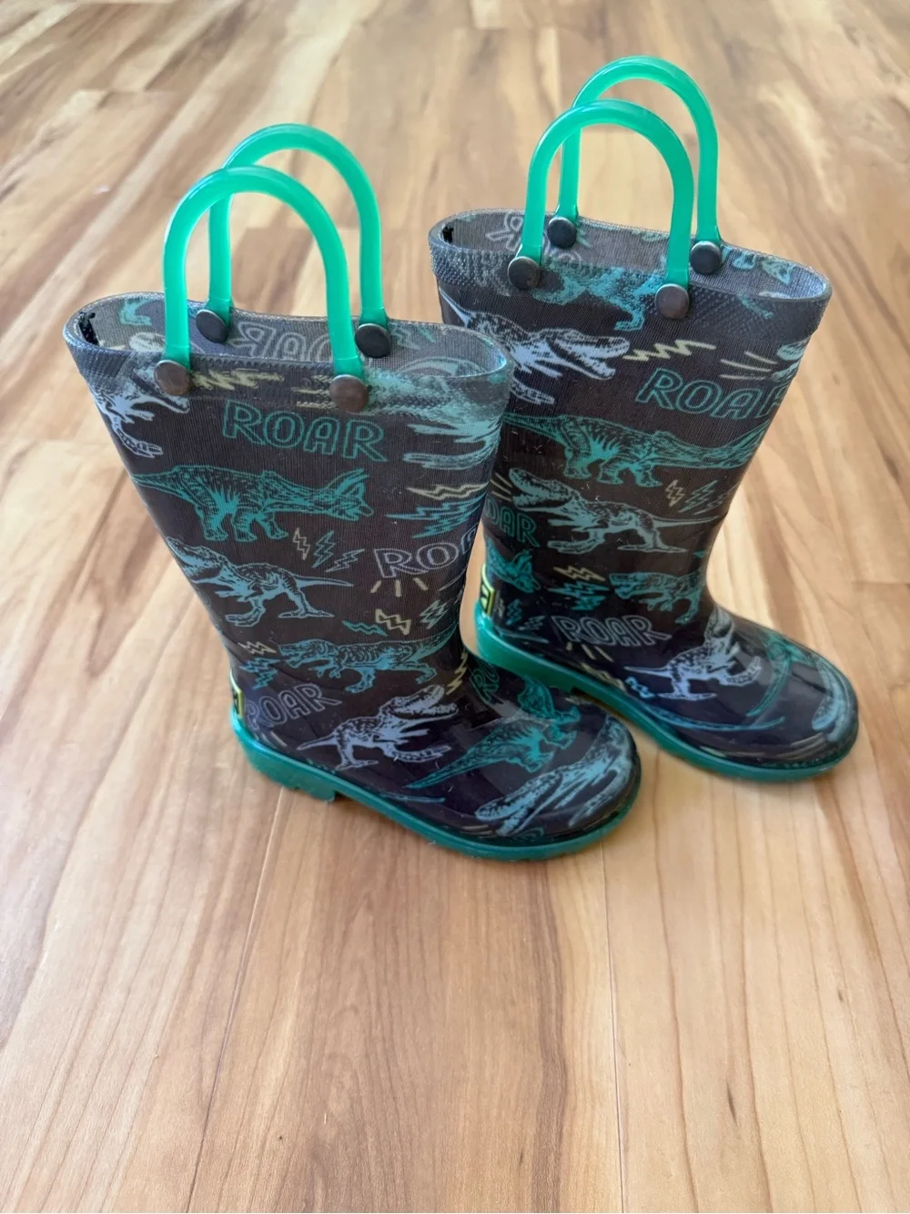 Western Chief Charcoal Rain Boots with Teal Dinosaur Accents